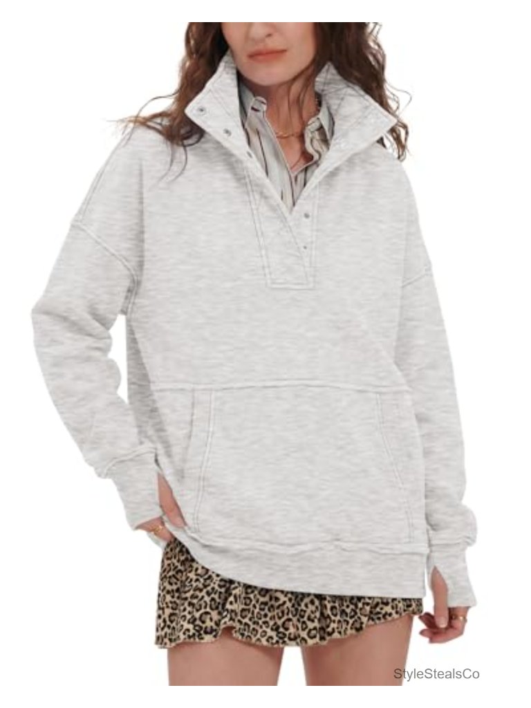 Oversized Henley Neck Sweatshirt Long Sleeve Pullover Cotton Blend